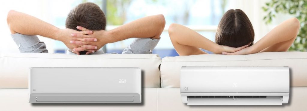icestream-faq deux personnes dans un canapé, de dos, les bras croisés derrière la tête et deux appareils de climatisation Ecofeel